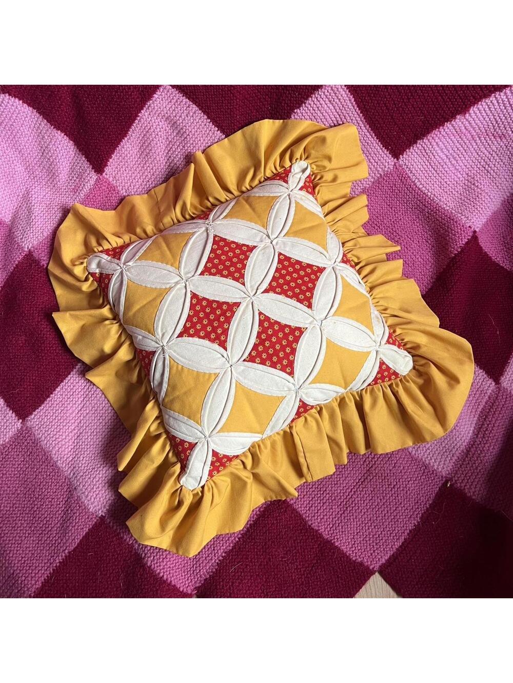 vintage quilted cathedral yellow ruffle pillow